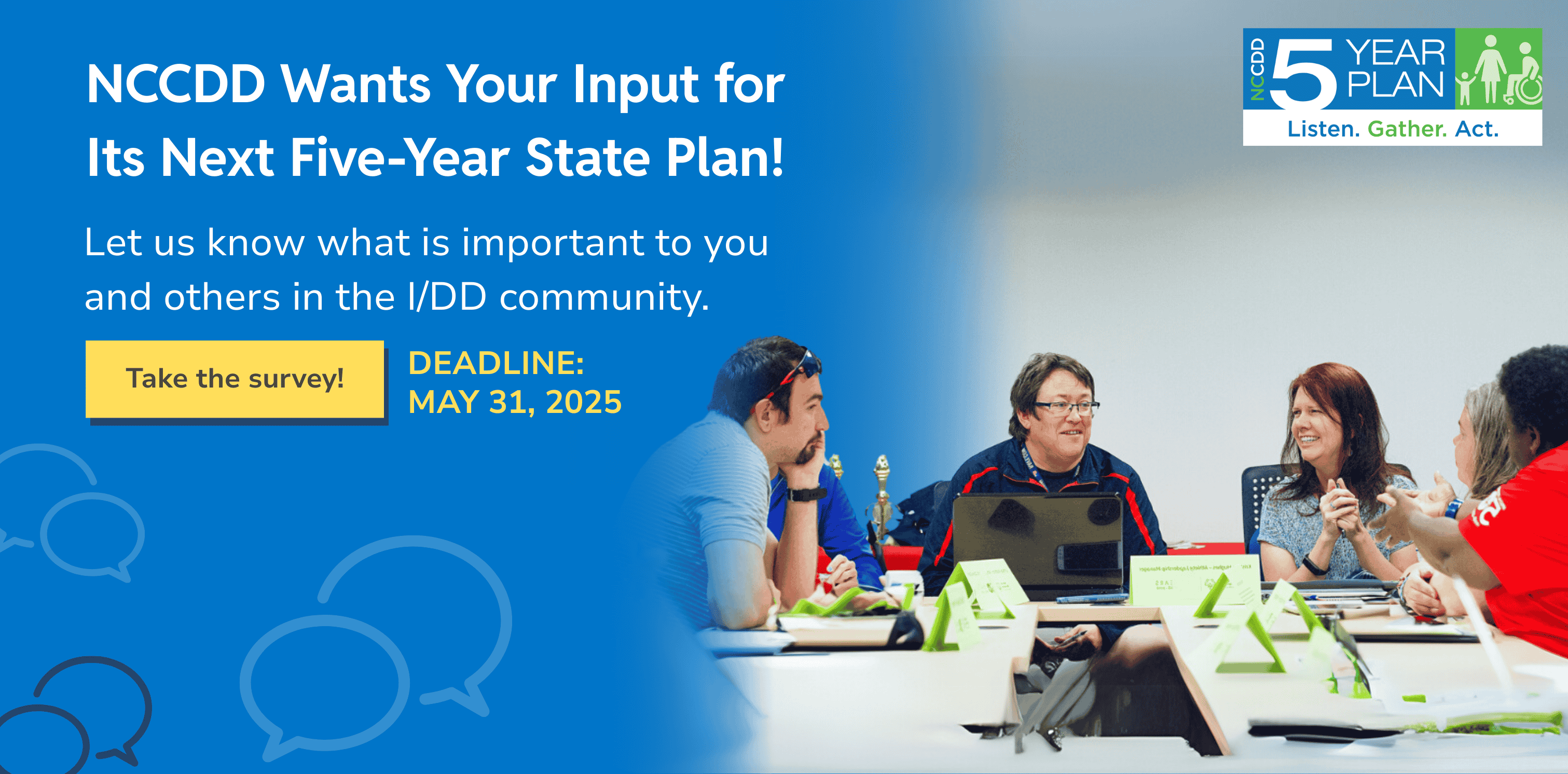 Homepage banner announcing NCCDD's Five Year State Plan survey for the public