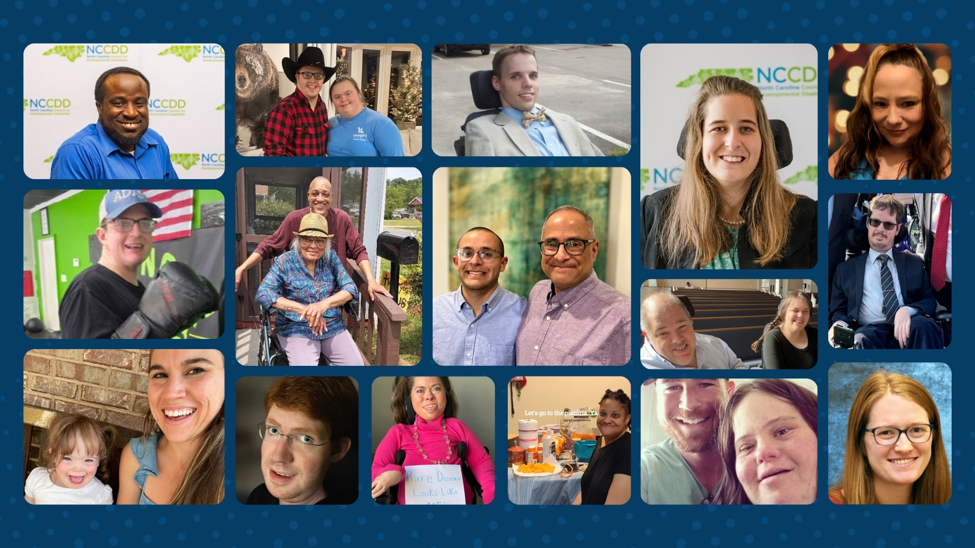A grid of portraits showcasing a diverse group of people, including individuals with disabilities, smiling and engaging in various activities. The collage features both close-up shots and group photos, emphasizing community and connection.