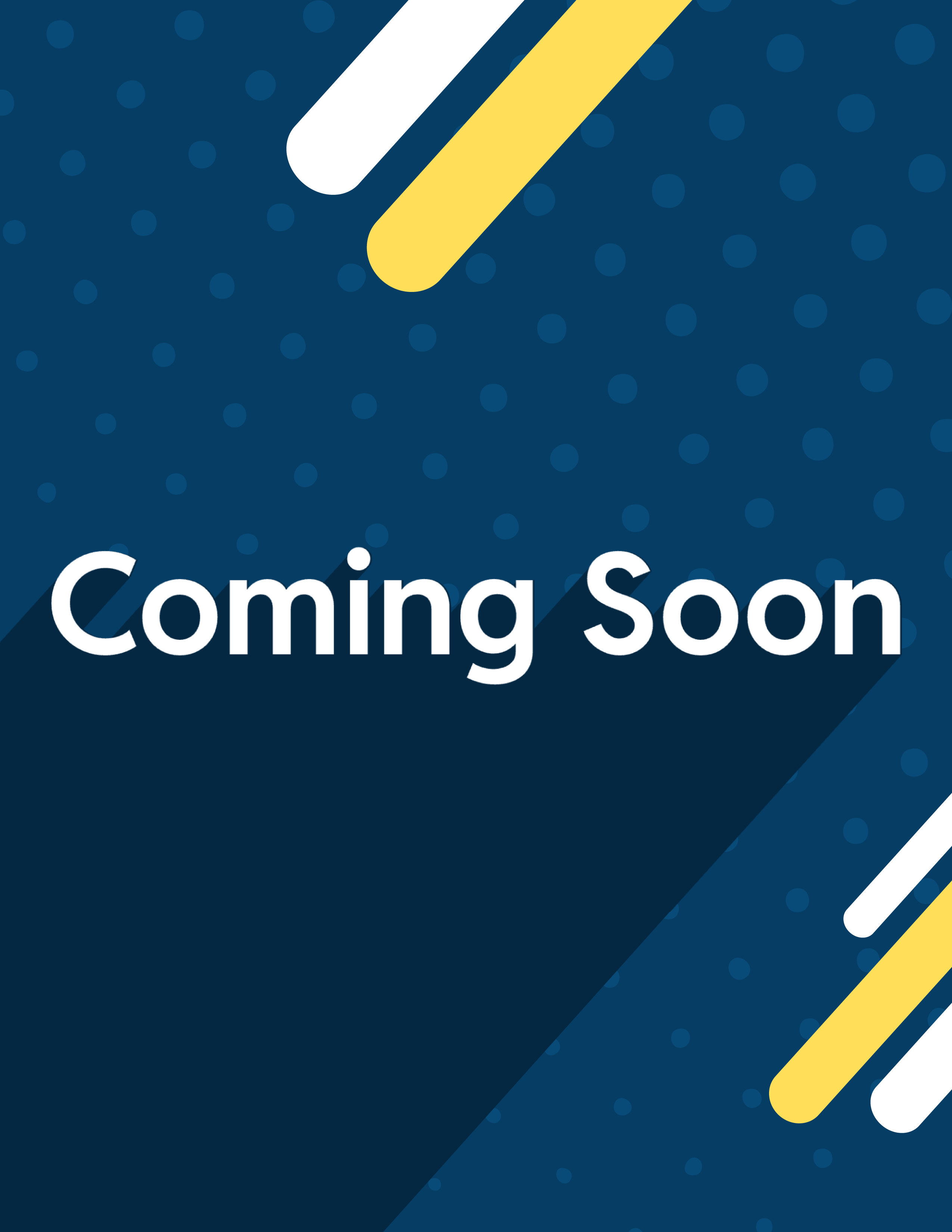 A graphic background with a deep blue color, featuring yellow and white abstract stripes. The text "Coming Soon" is prominently displayed in white, indicating upcoming content or events.