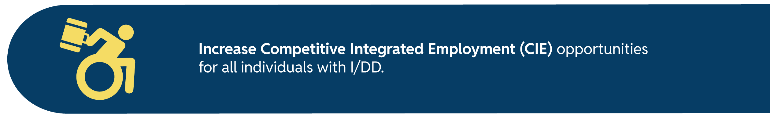 A yellow banner featuring a person in a wheelchair with a briefcase icon. Text states: "Increase Competitive Integrated Employment (CIE) opportunities for all individuals with I/DD."