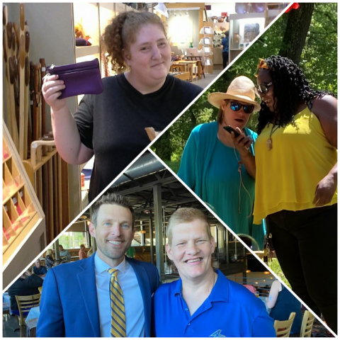 Top Left: A young woman with curly hair is smiling and holding a purple wallet while standing in front of various wooden crafts. Top Right: Two women are engaged in a conversation outdoors; one is wearing a wide-brimmed hat and sunglasses, while the other is dressed in a bright yellow top. Bottom: Two men pose for a photo together, one wearing a blue blazer and the other in a blue shirt, smiling warmly in a casual dining setting.