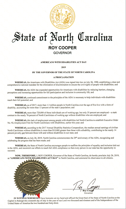 2019 ADA Proclamation signed by Governor Roy Cooper