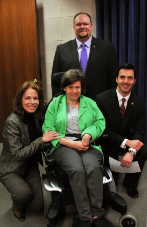Senator Tamara Barringer (front, left), Senator Ralph Hise (back), Senator Jeff Jackson (front, right), and Council Member Carrie Ambrose were present at the ABLE Act press conference at the NC General Assembly on Tuesday, March 24, 2015.